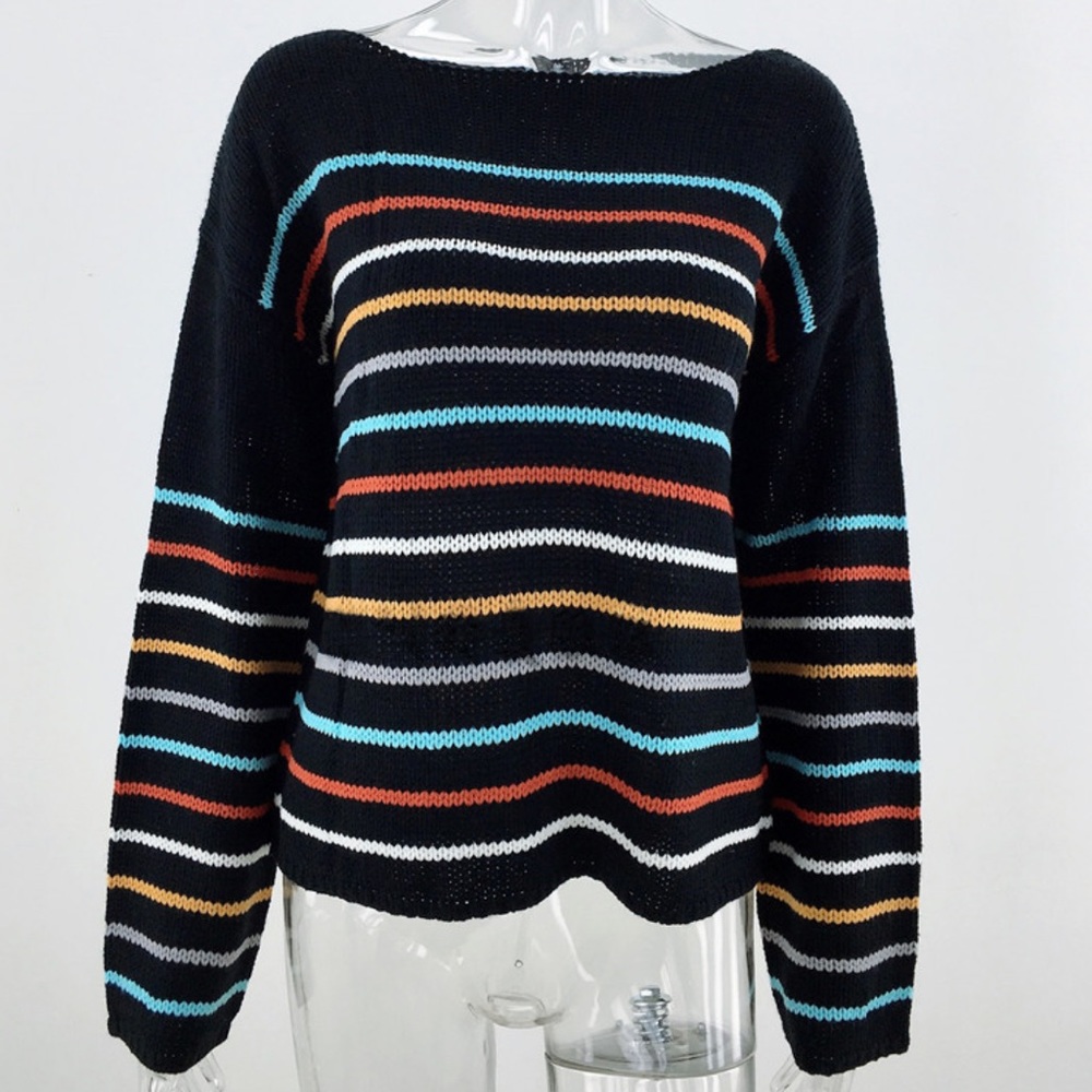 Rainbow Striped Boho Knit Sweater Black Bohemian - Picture 4 of 11